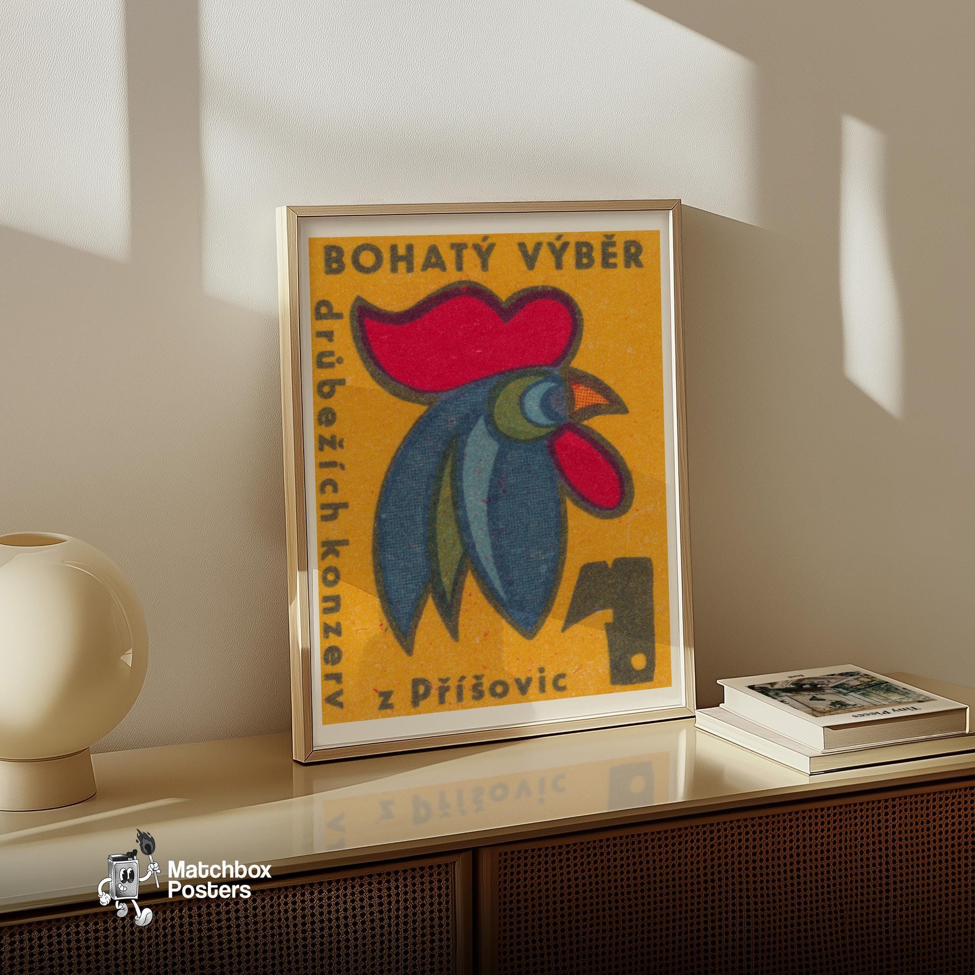 Rooster Head - vintage matchbox label print - size comparison