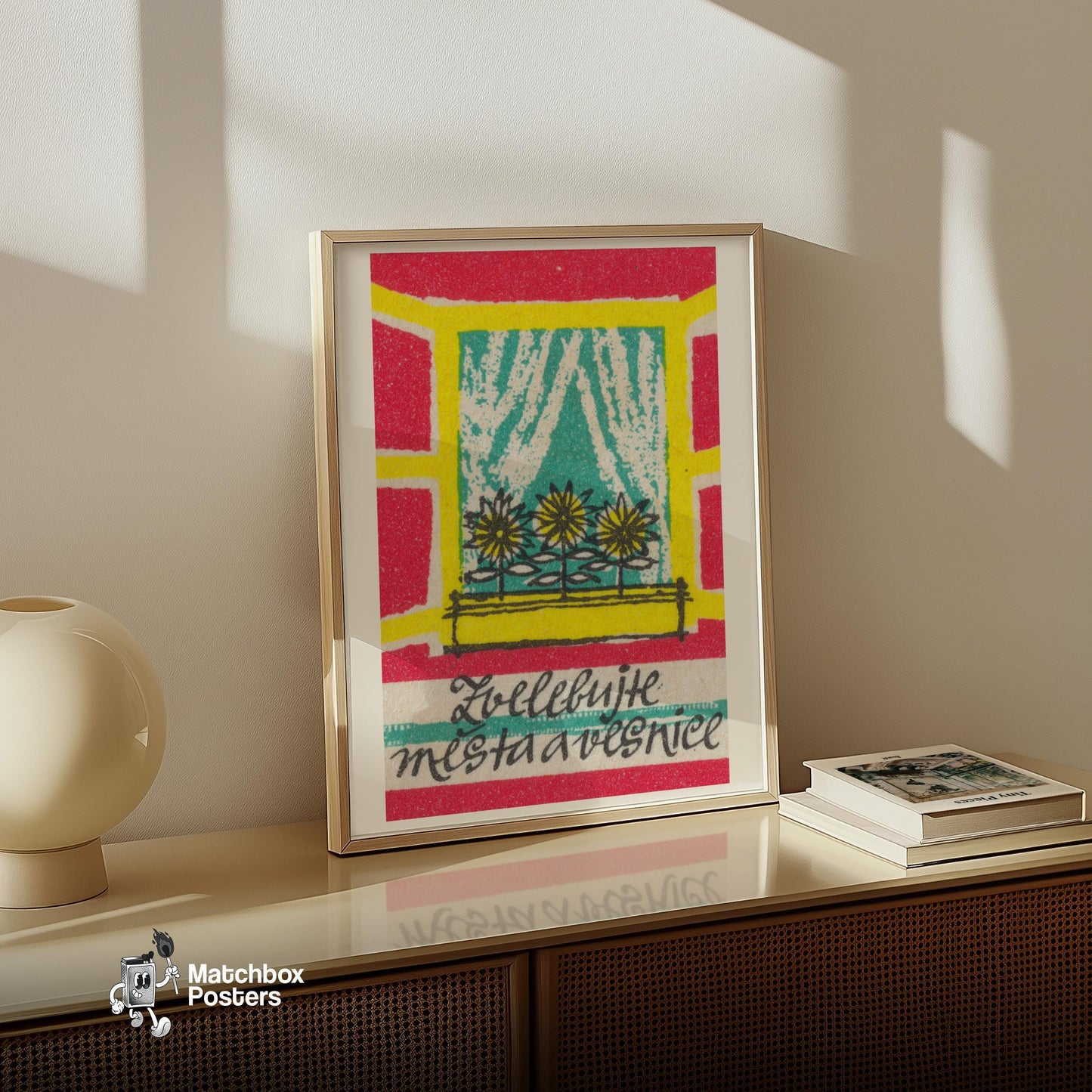 Sunflowers in Window - vintage matchbox label print - size comparison