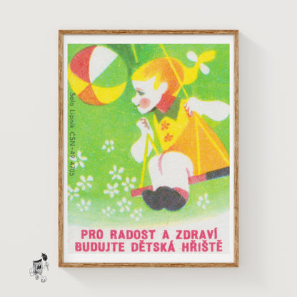 Child on Swing - vintage matchbox label print