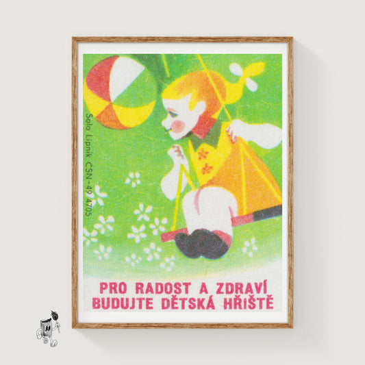 Child on Swing - vintage matchbox label print