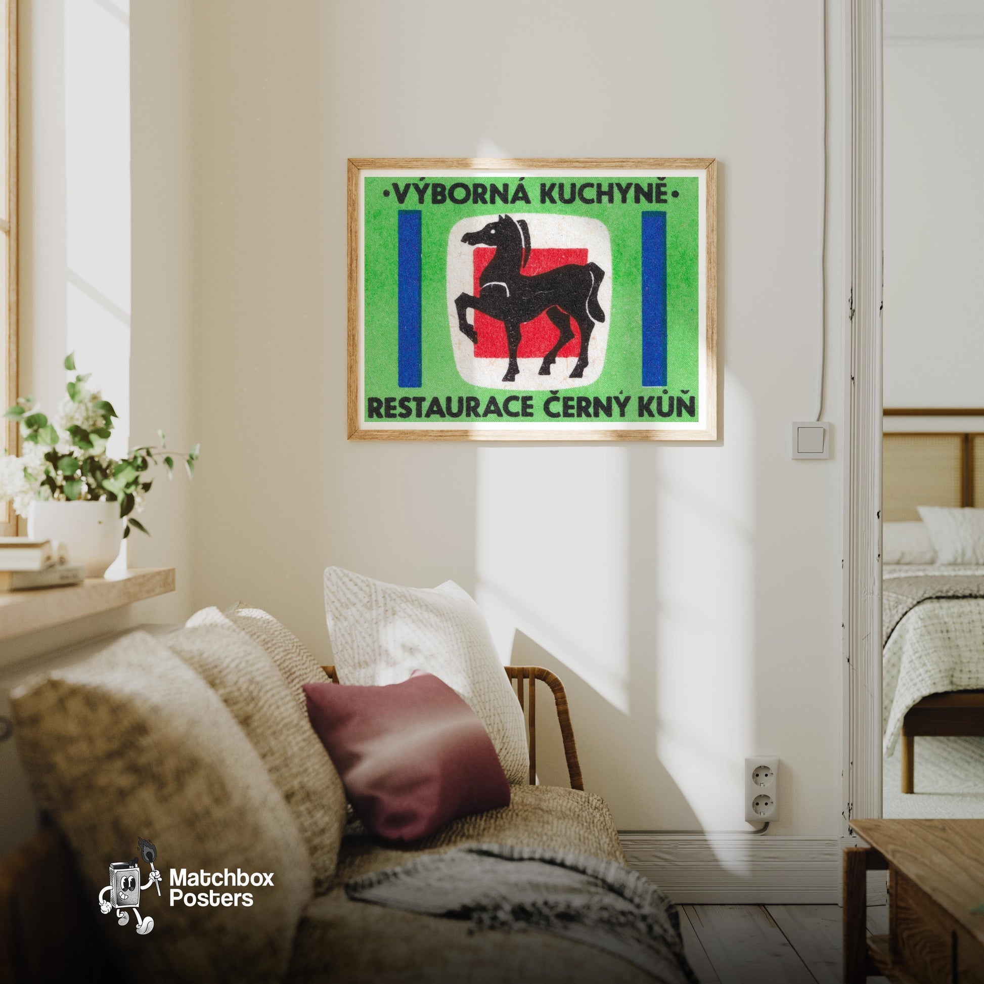 Black Horse - vintage matchbox label print - living room mockup