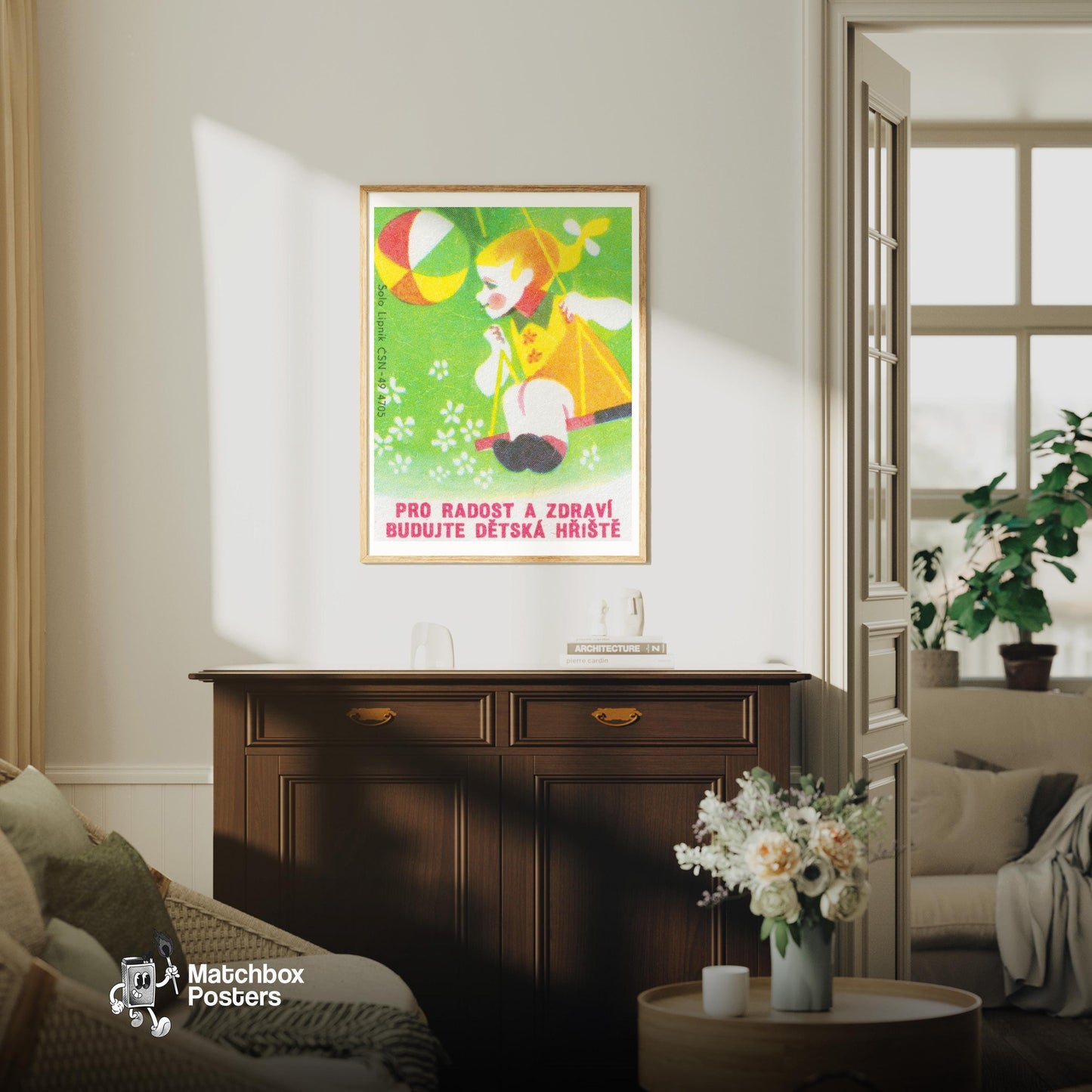 Child on Swing - vintage matchbox label print - living room mockup