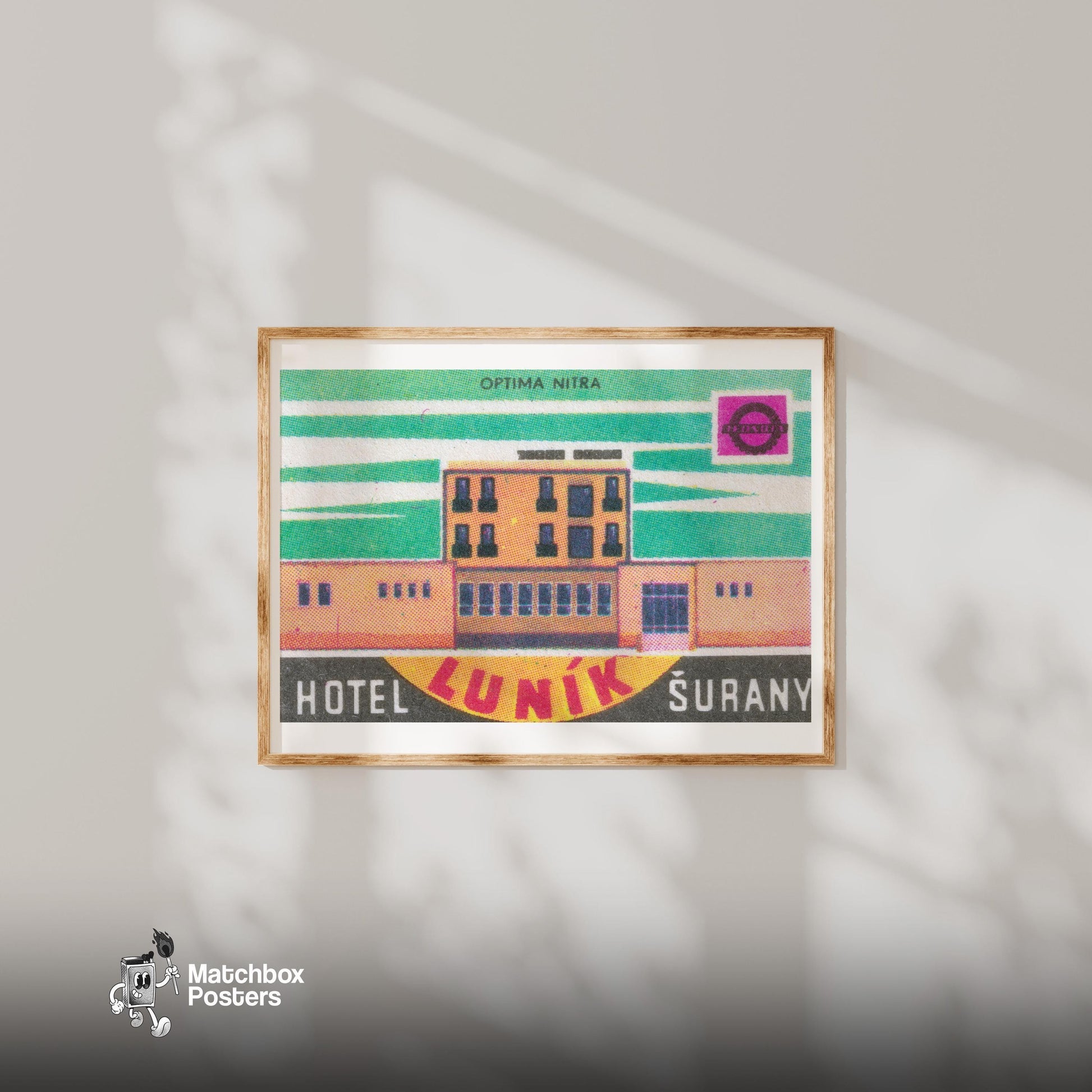 Hotel Lunik - vintage matchbox label print - bedroom mockup