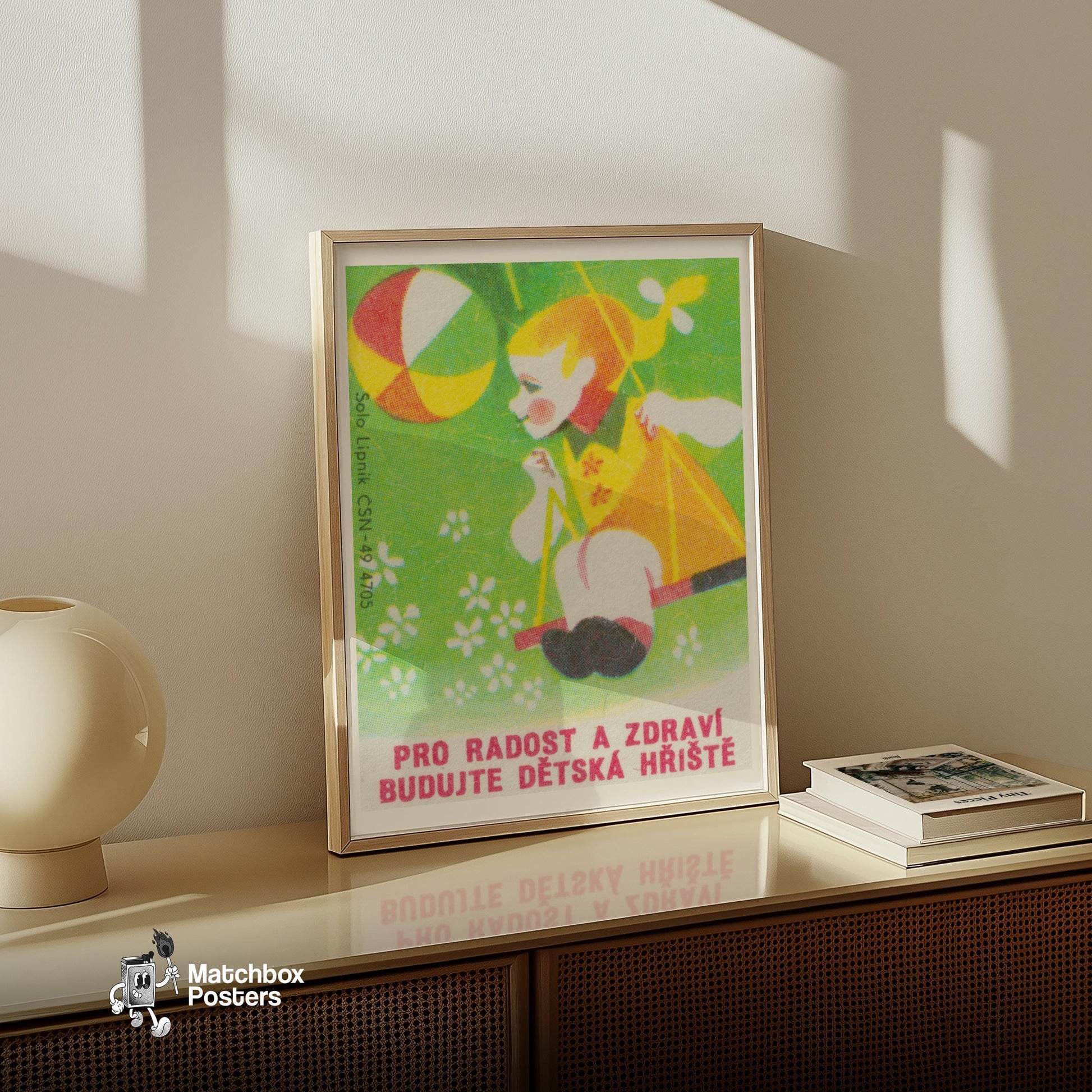 Child on Swing - vintage matchbox label print - size comparison