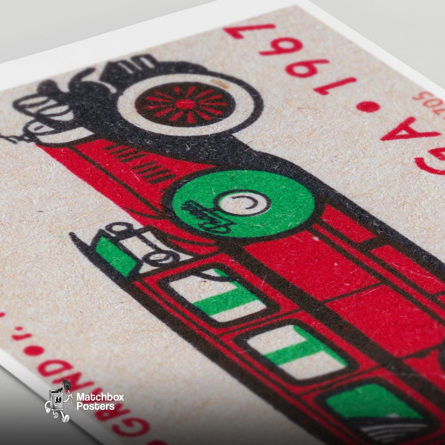Long Red Car - vintage matchbox label print - close-up detail