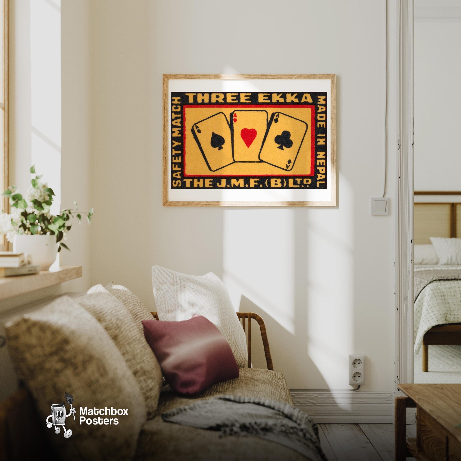 Three Cards - vintage matchbox label print - living room mockup