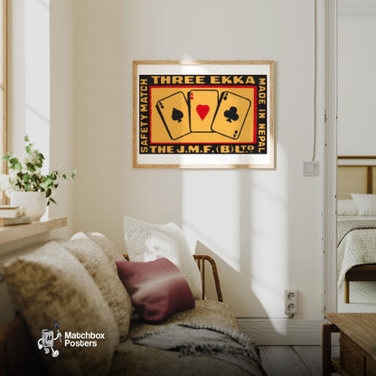Three Cards - vintage matchbox label print - living room mockup