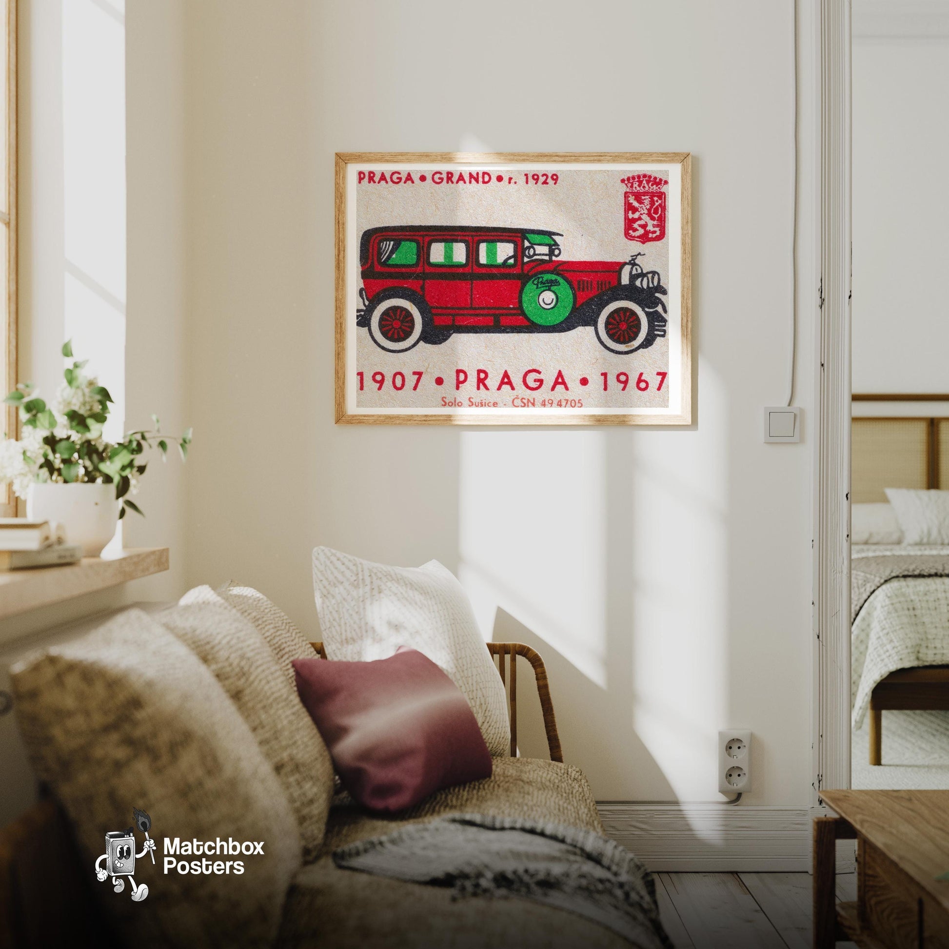 Long Red Car - vintage matchbox label print - living room mockup