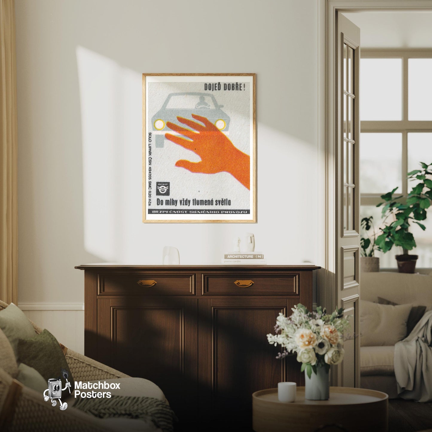 Dim Your Lights - vintage matchbox label print - living room mockup