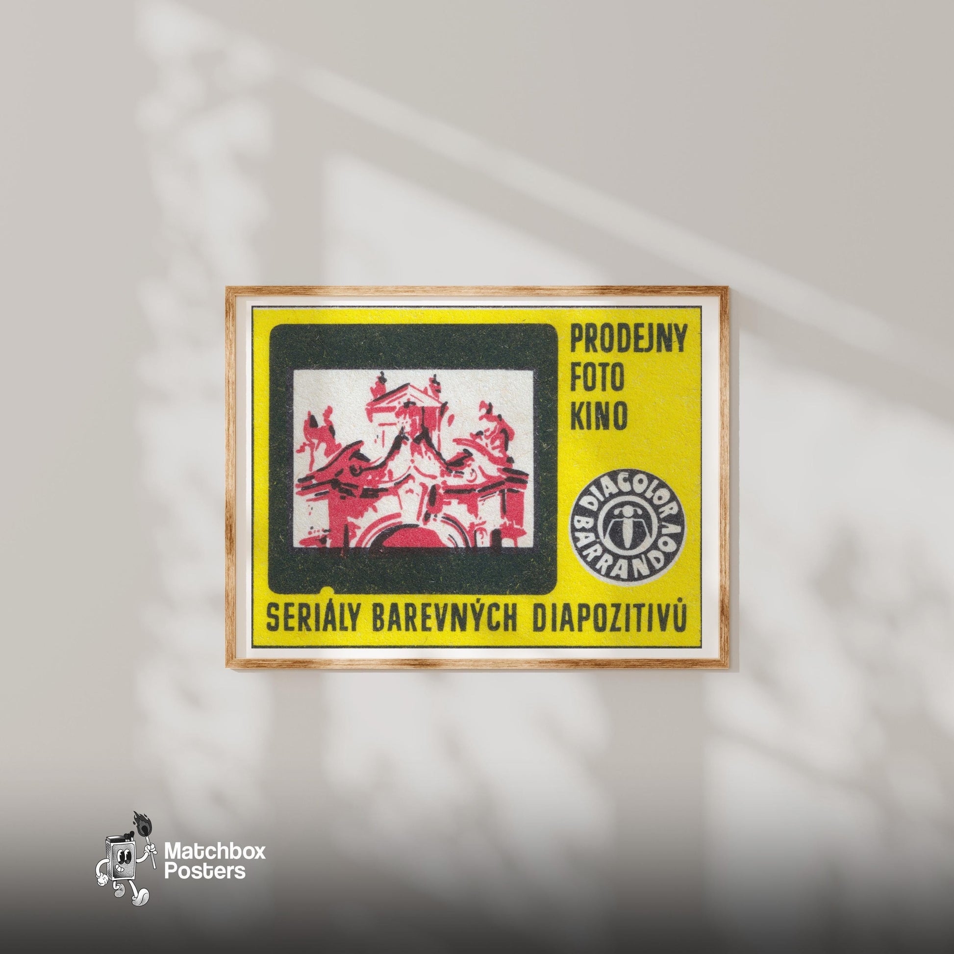 Photo Cinema Shop - vintage matchbox label print - bedroom mockup