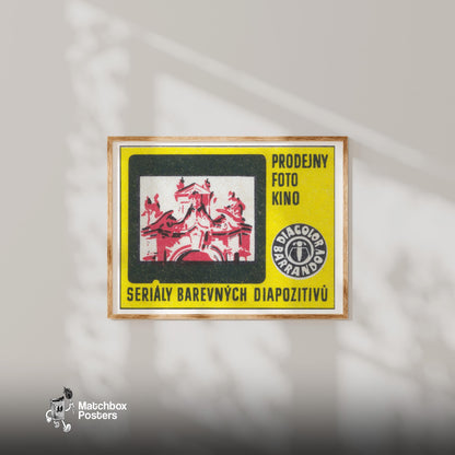 Photo Cinema Shop - vintage matchbox label print - bedroom mockup