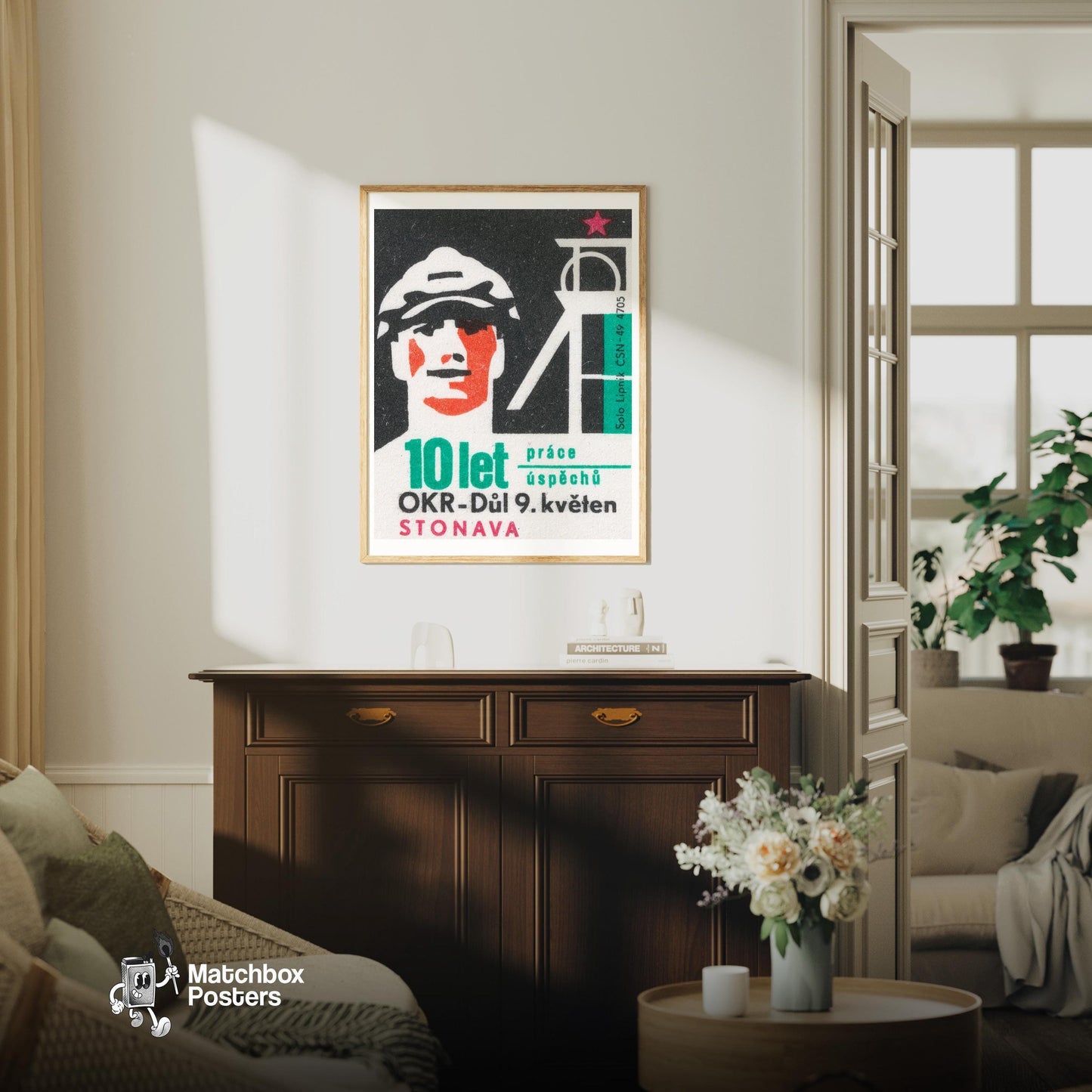 Mine Worker - vintage matchbox label print - living room mockup