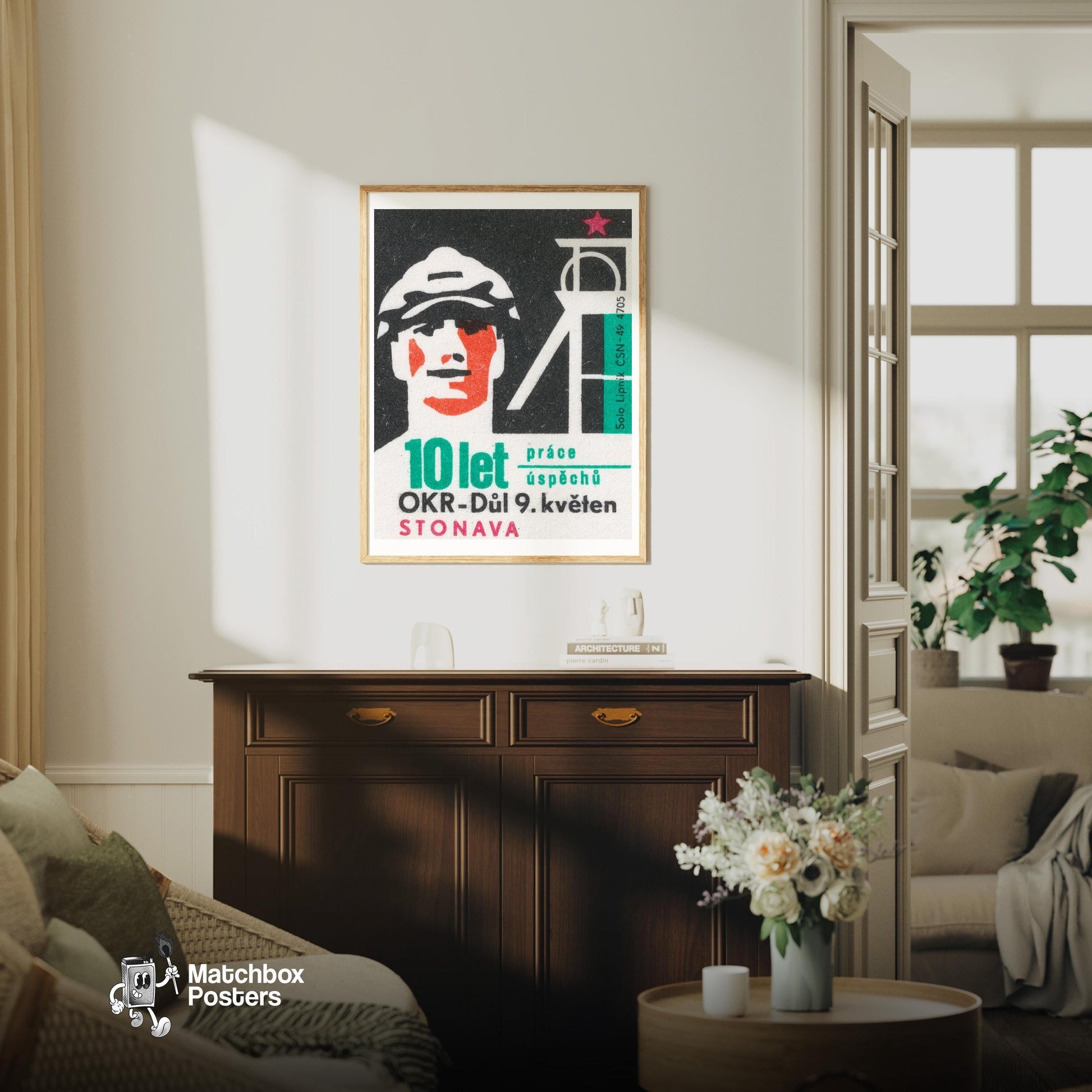 Mine Worker - vintage matchbox label print - living room mockup