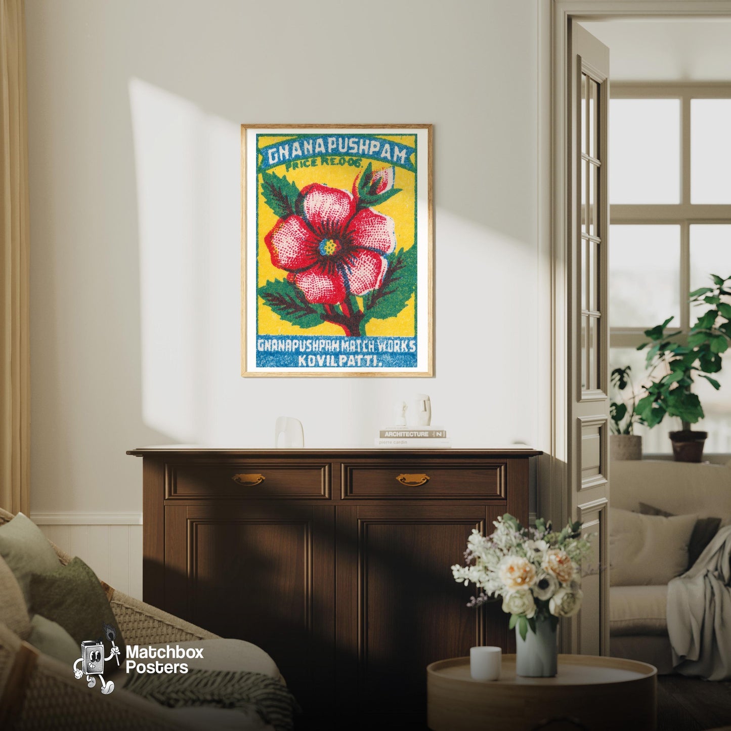 Red Flower - vintage matchbox label print - living room mockup