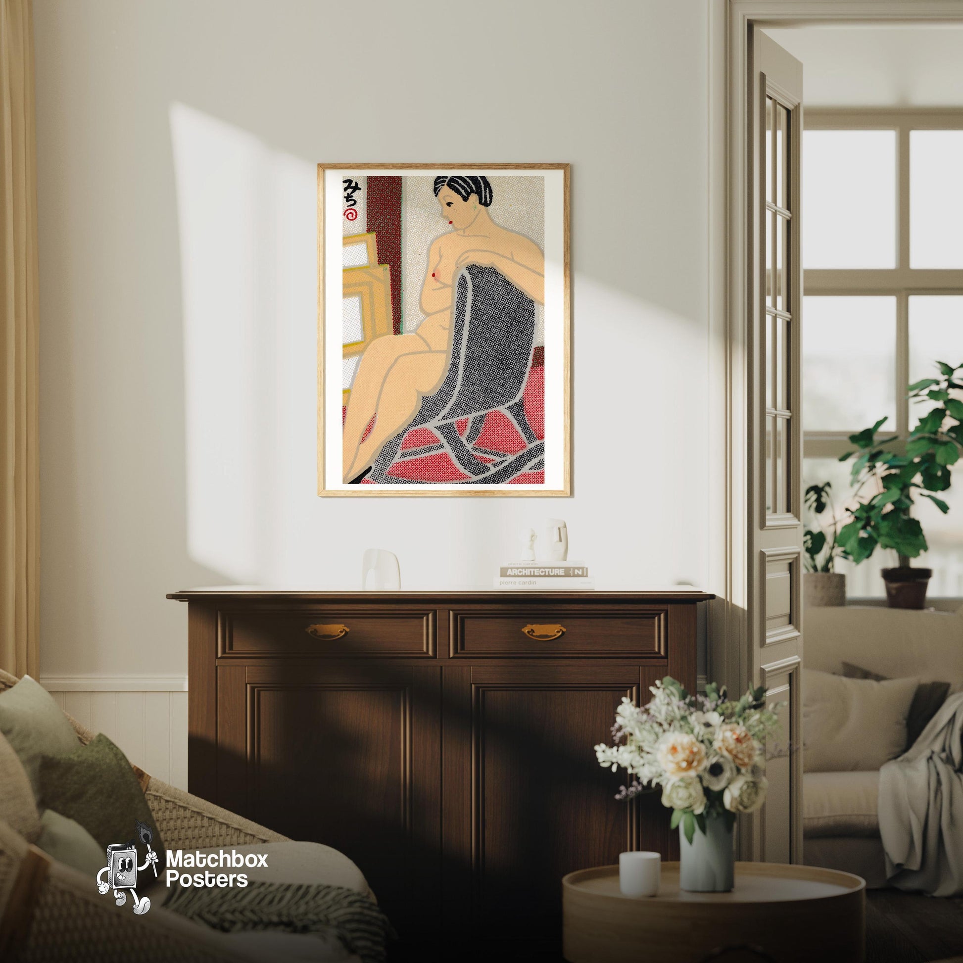 Lounging Woman - vintage matchbox label print - living room mockup