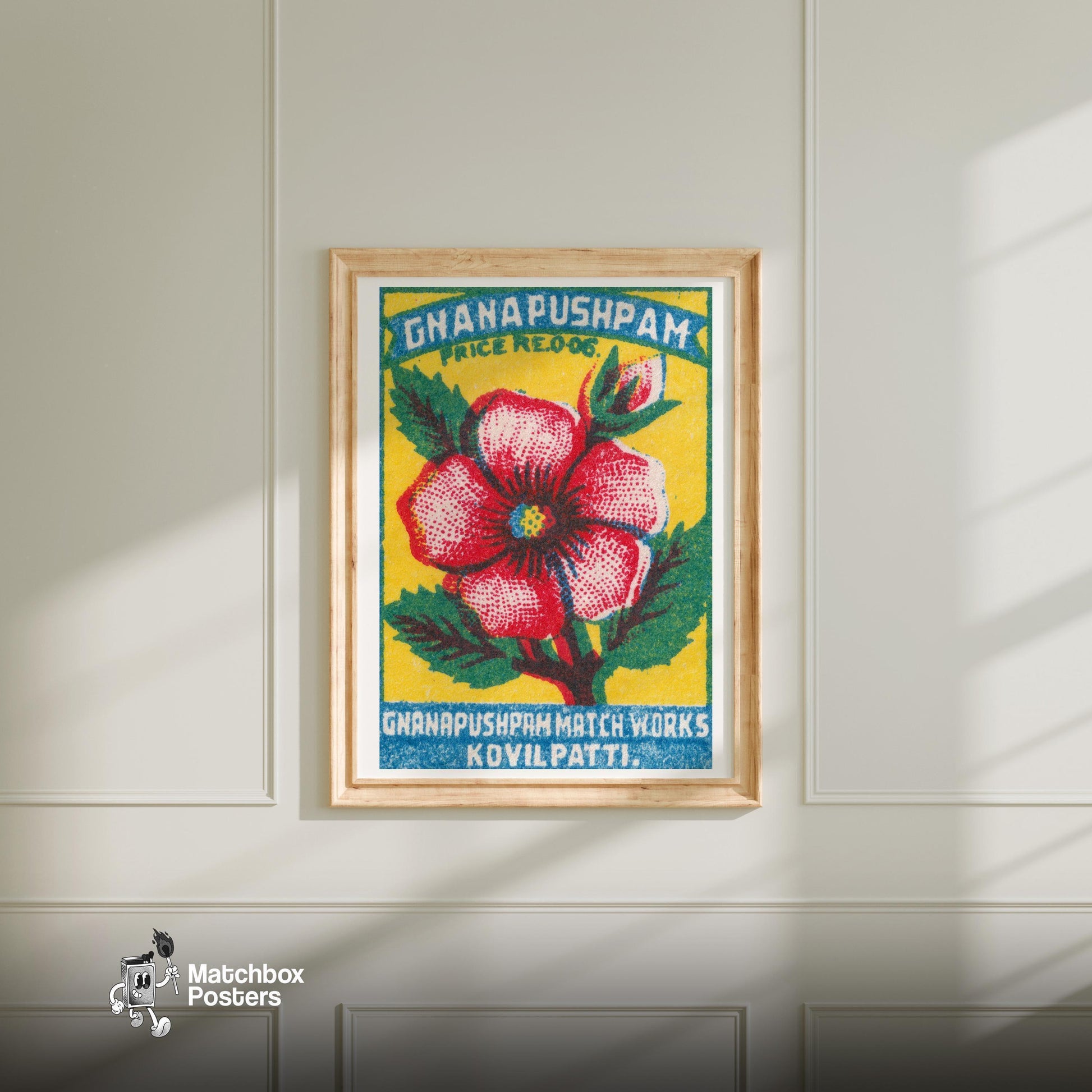 Red Flower - vintage matchbox label print - bedroom mockup