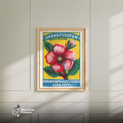 Red Flower - vintage matchbox label print - bedroom mockup