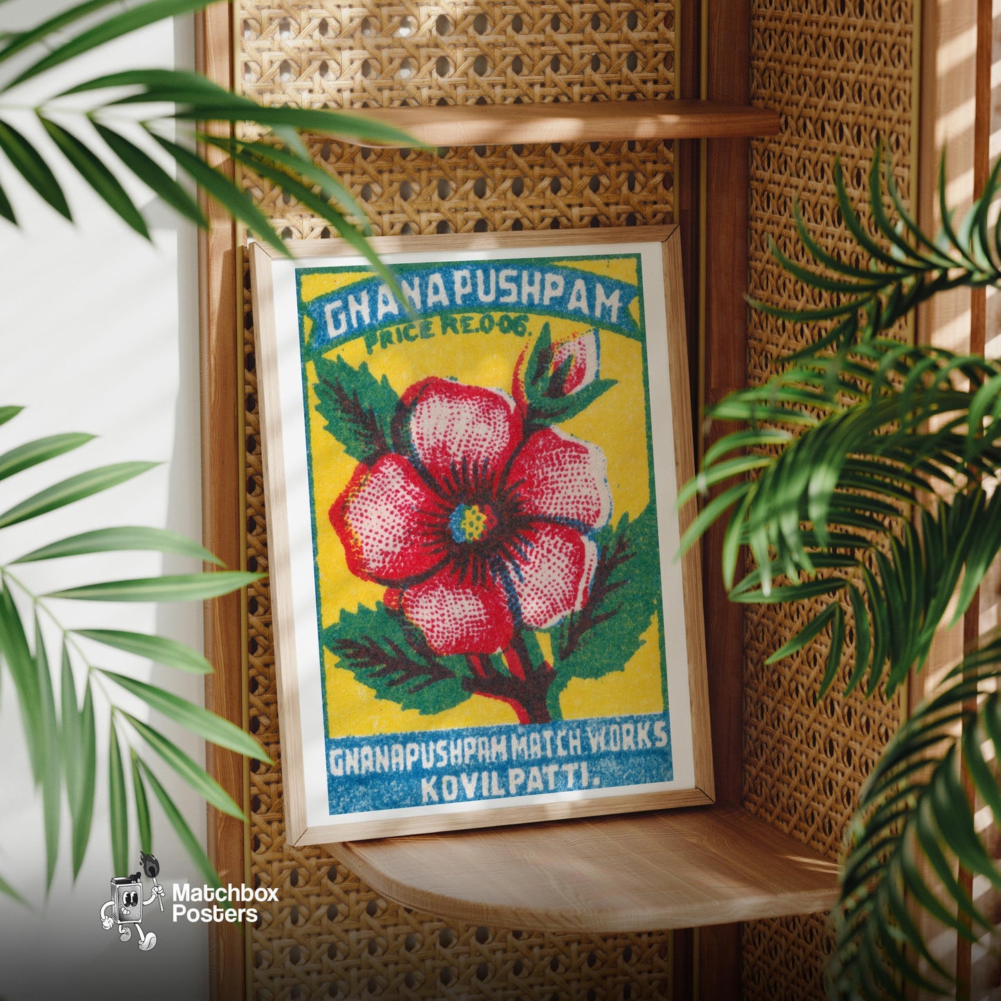 Red Flower - vintage matchbox label print - office wall