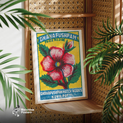 Red Flower - vintage matchbox label print - office wall