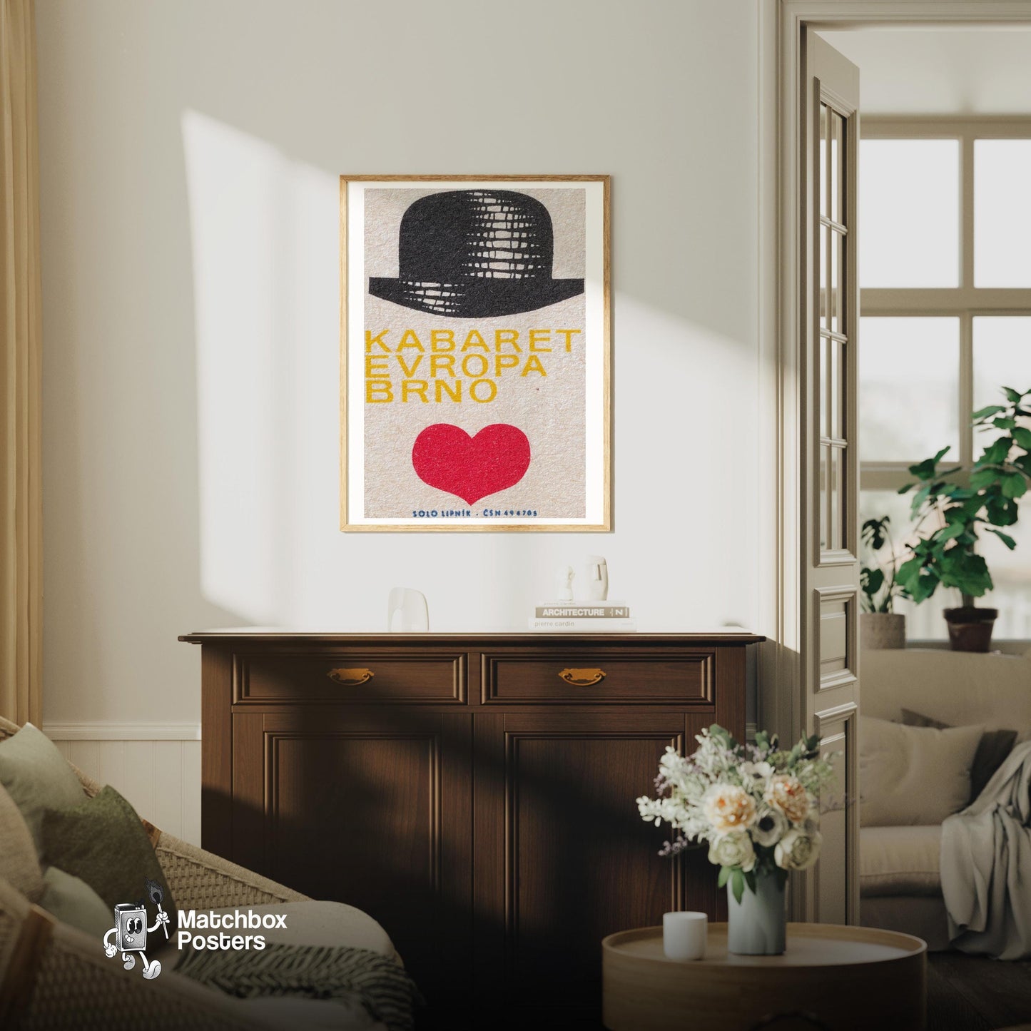 Bowler Hat with Heart - vintage matchbox label print - living room mockup
