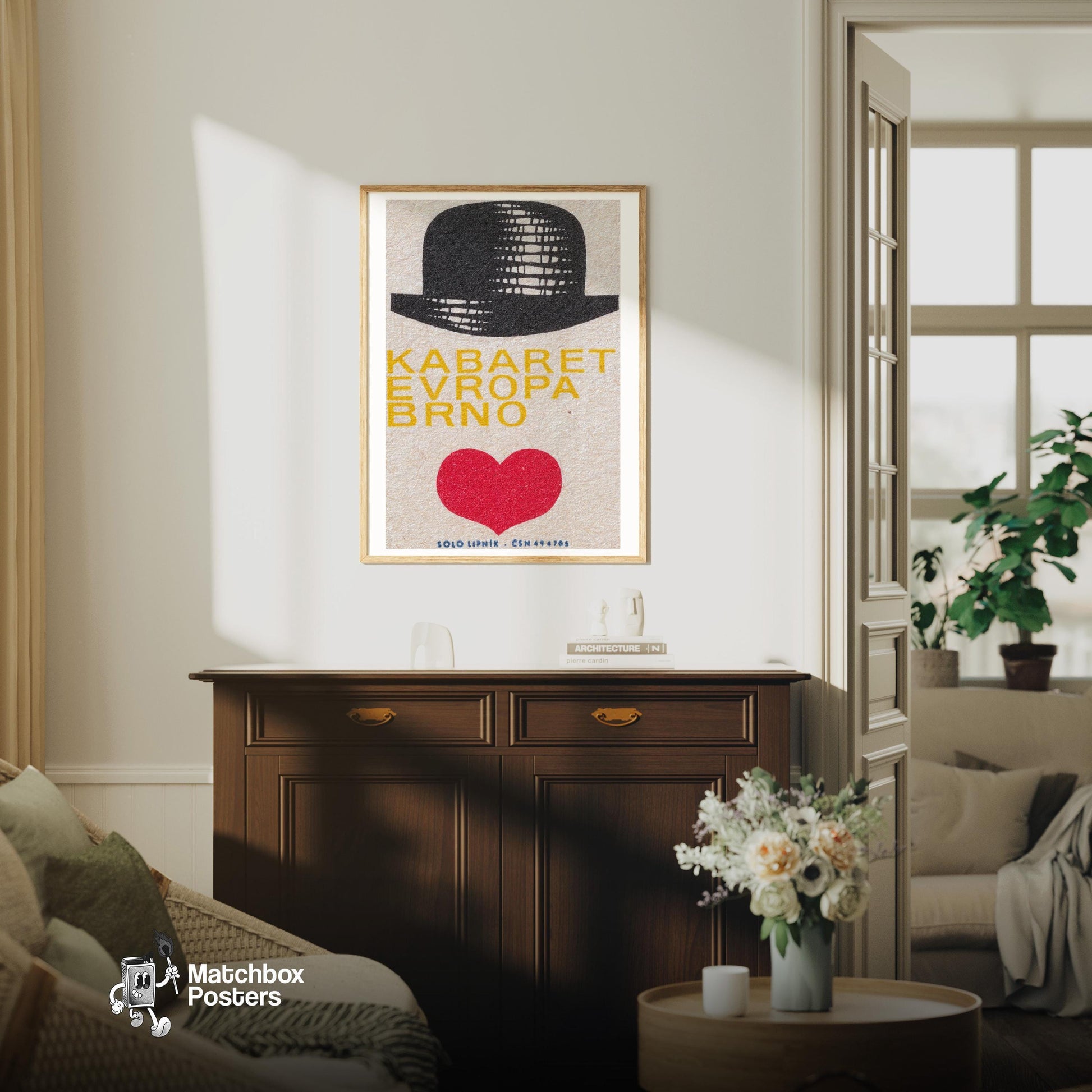 Bowler Hat with Heart - vintage matchbox label print - living room mockup