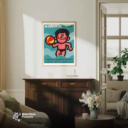 Beach Swimmer - vintage matchbox label print - living room mockup