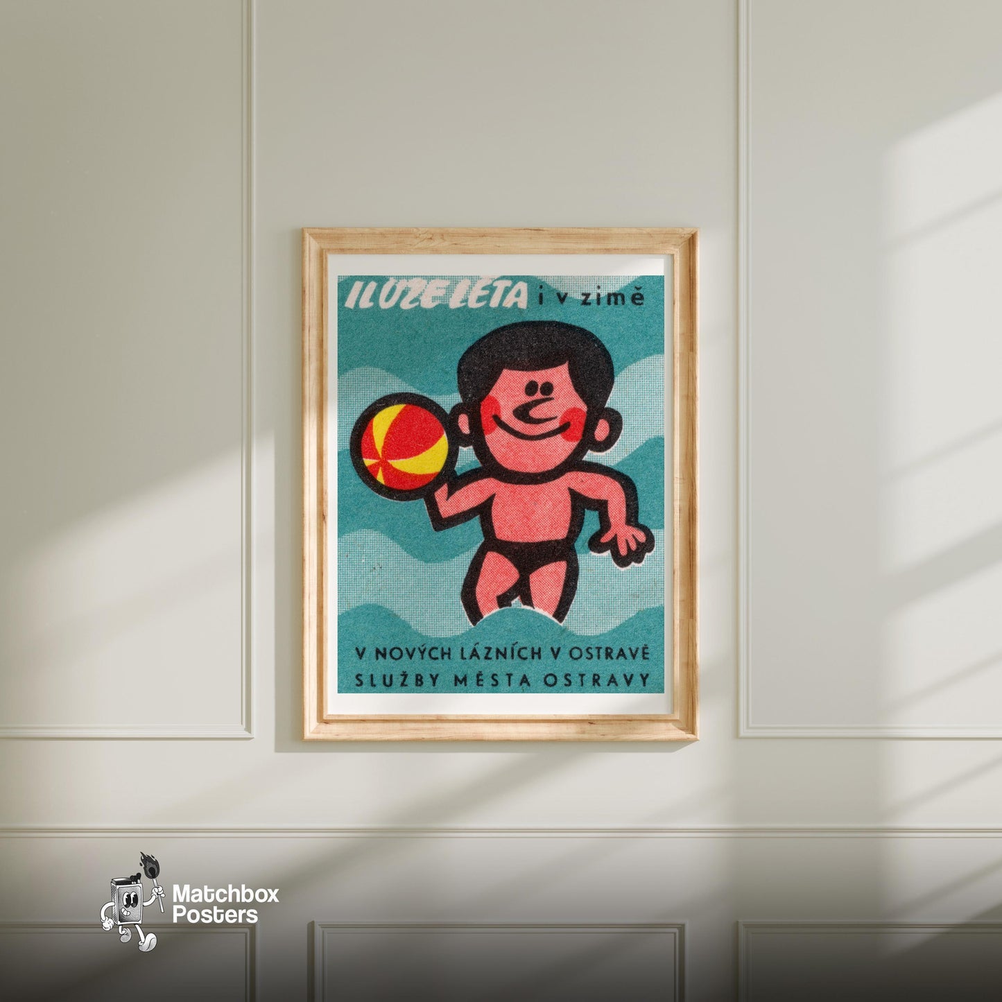 Beach Swimmer - vintage matchbox label print - bedroom mockup