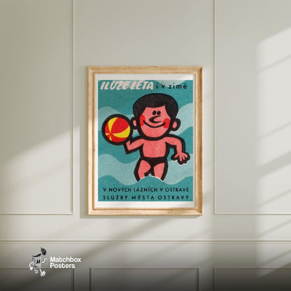 Beach Swimmer - vintage matchbox label print - bedroom mockup