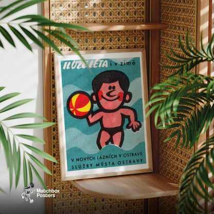 Beach Swimmer - vintage matchbox label print - office wall