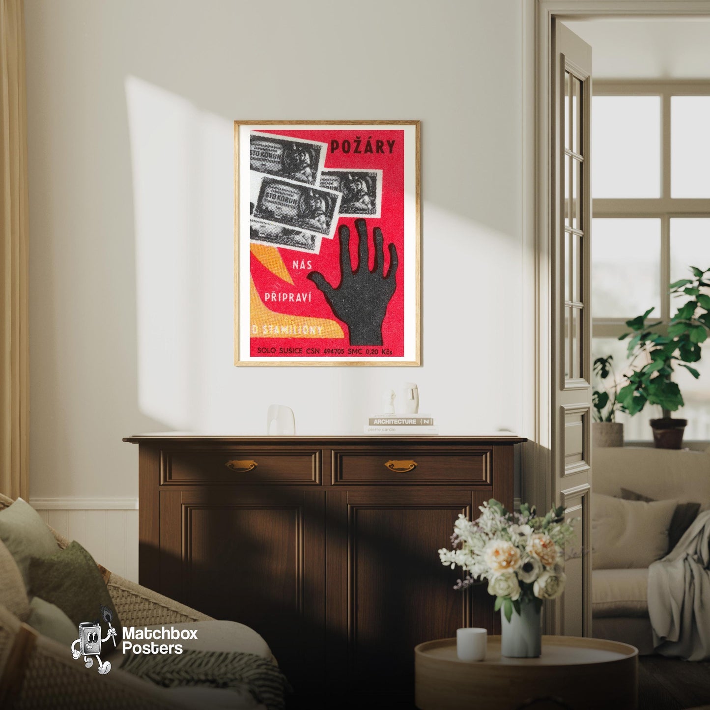Black Hand Silhouette - vintage matchbox label print - living room mockup