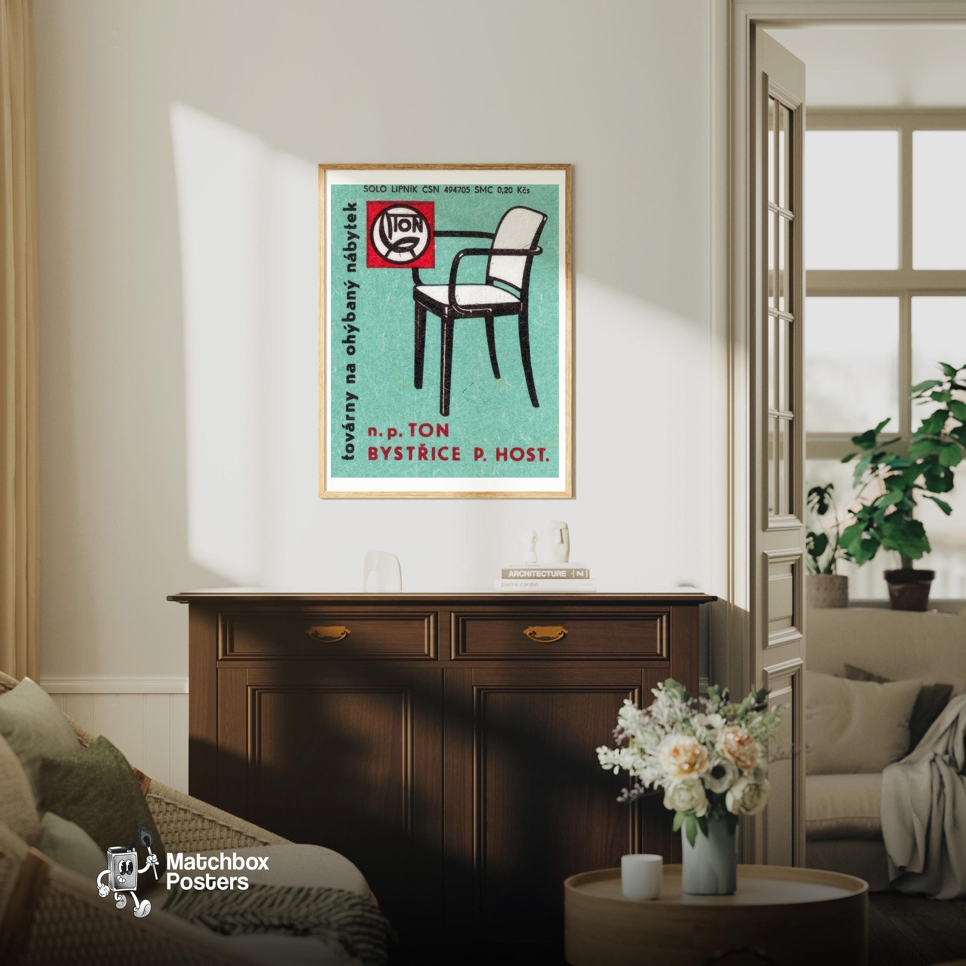 Modern Black Chair - vintage matchbox label print - living room mockup