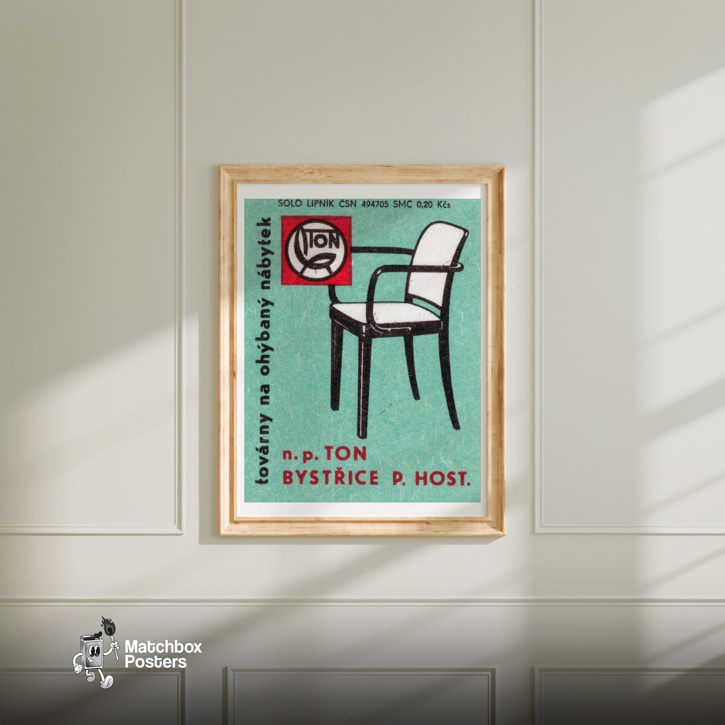 Modern Black Chair - vintage matchbox label print - bedroom mockup