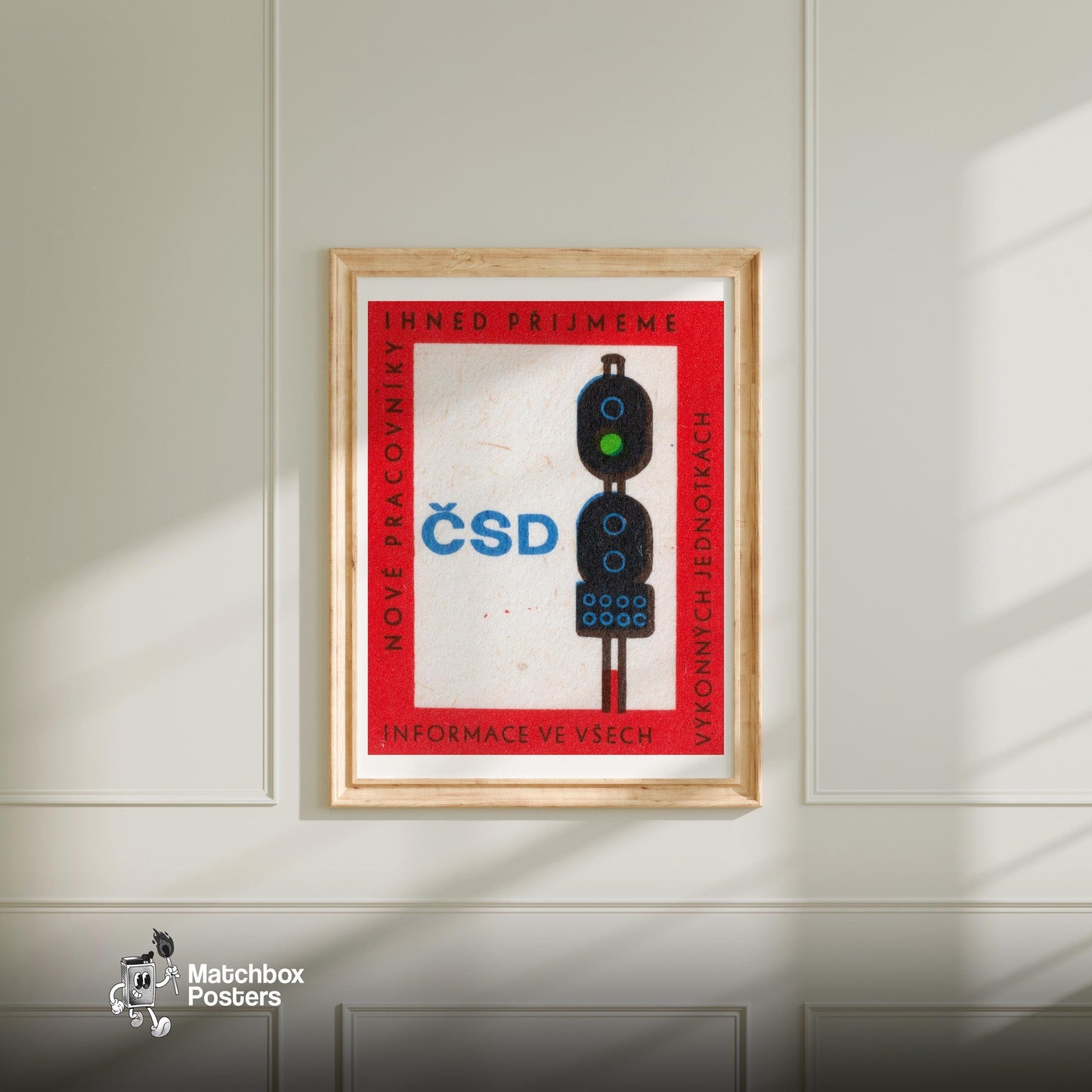 Train Signals - vintage matchbox label print - bedroom mockup