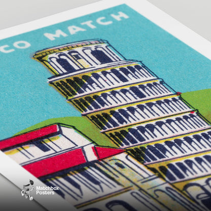 Leaning Tower of Pisa - vintage matchbox label print - close-up detail