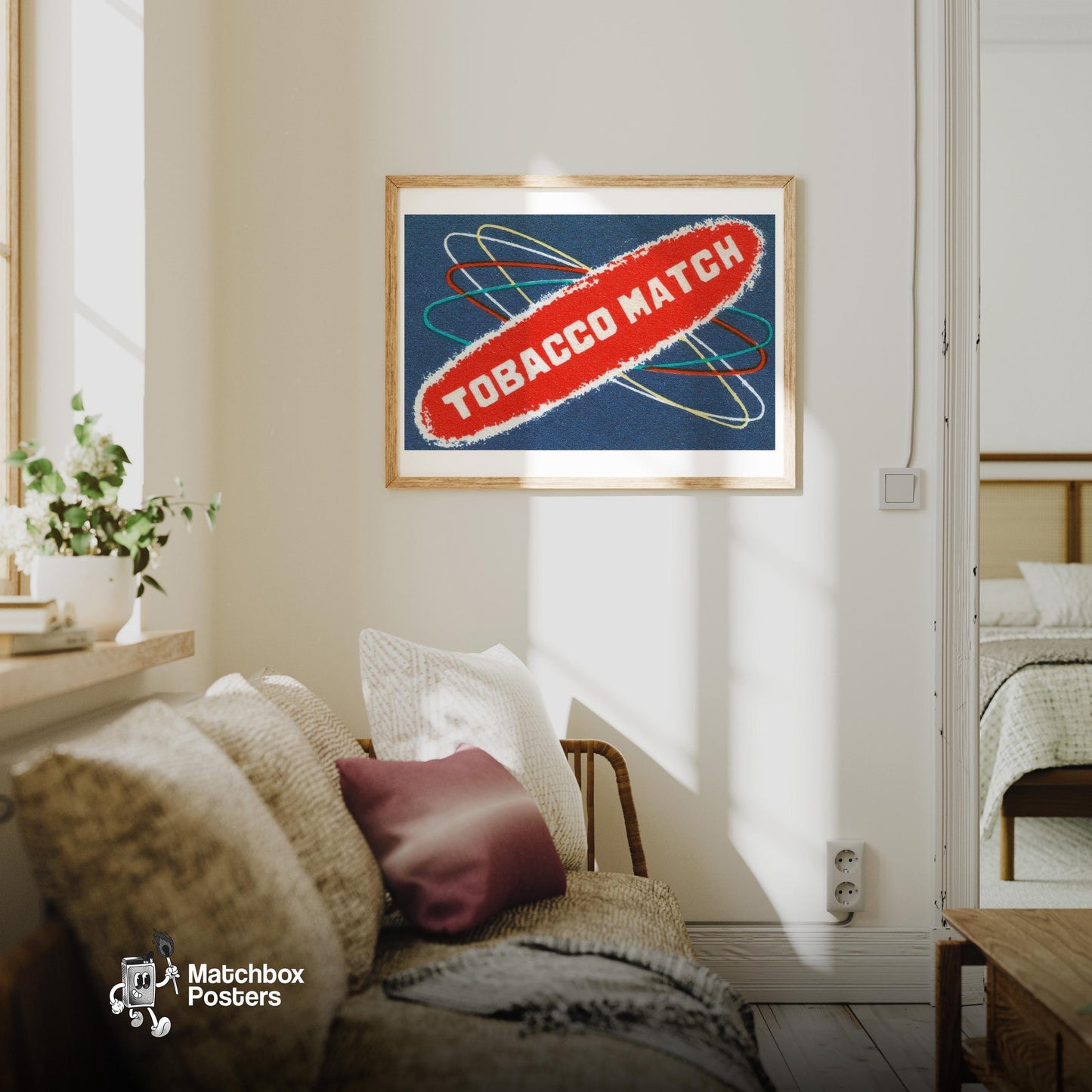 Atomic Tobacco Match - vintage matchbox label print - living room mockup