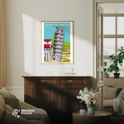 Leaning Tower of Pisa - vintage matchbox label print - living room mockup