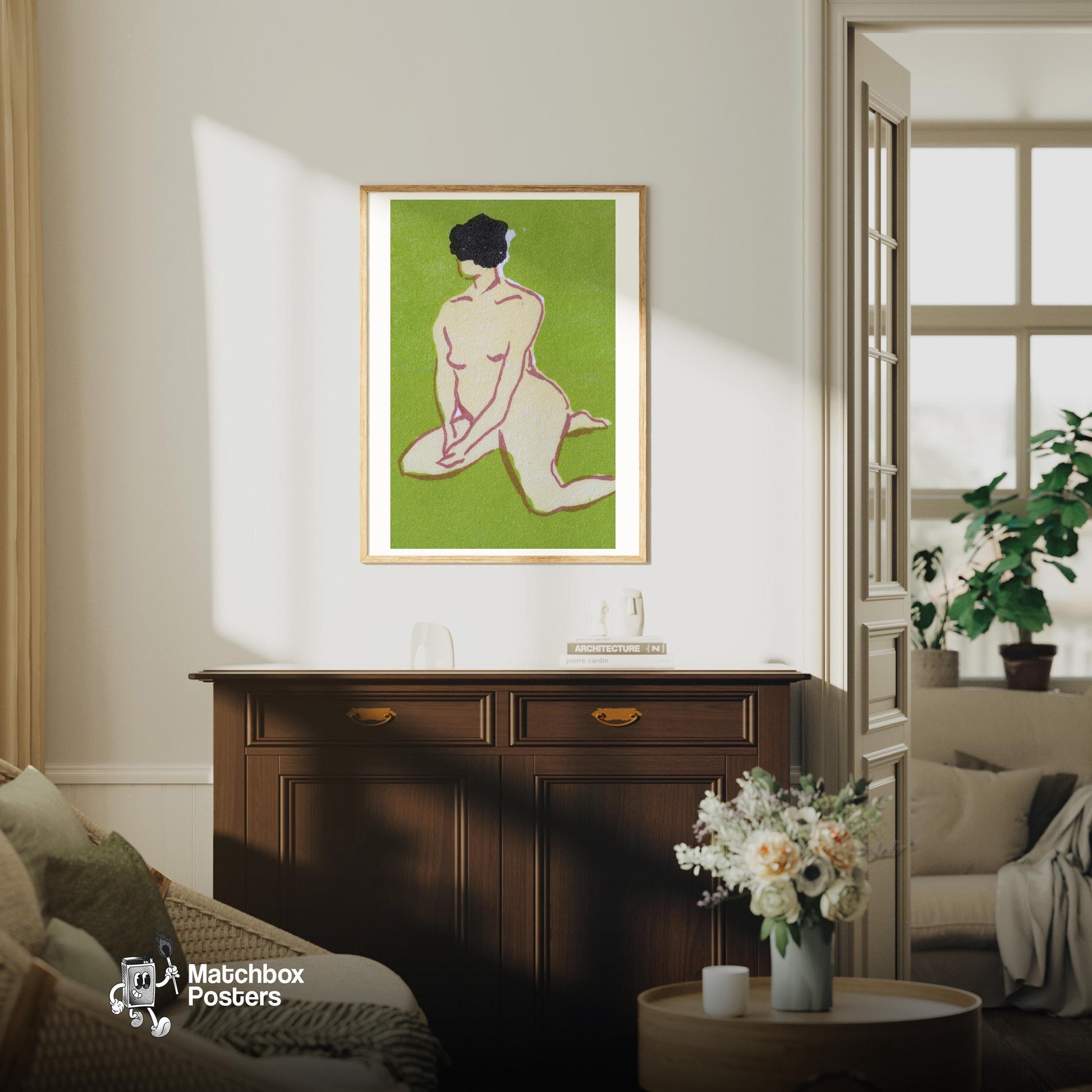 Kneeling Woman - vintage matchbox label print - living room mockup