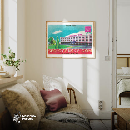 Community House - vintage matchbox label print - living room mockup