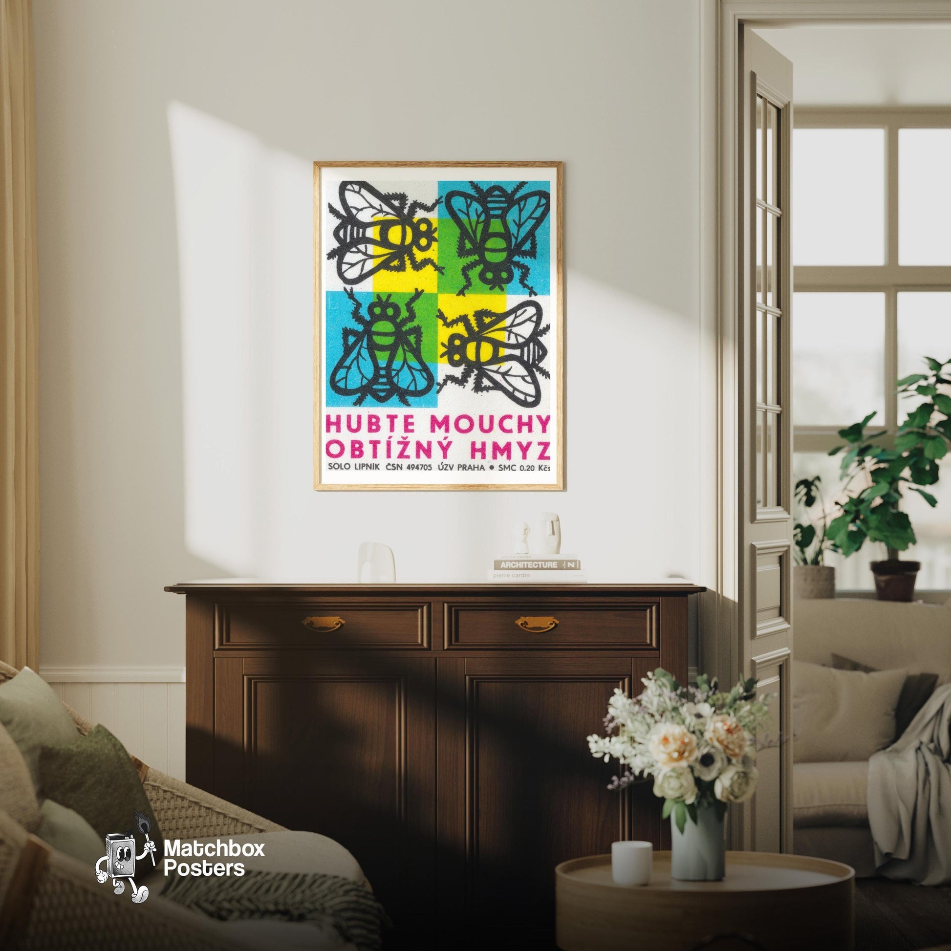 Four Flies - vintage matchbox label print - living room mockup