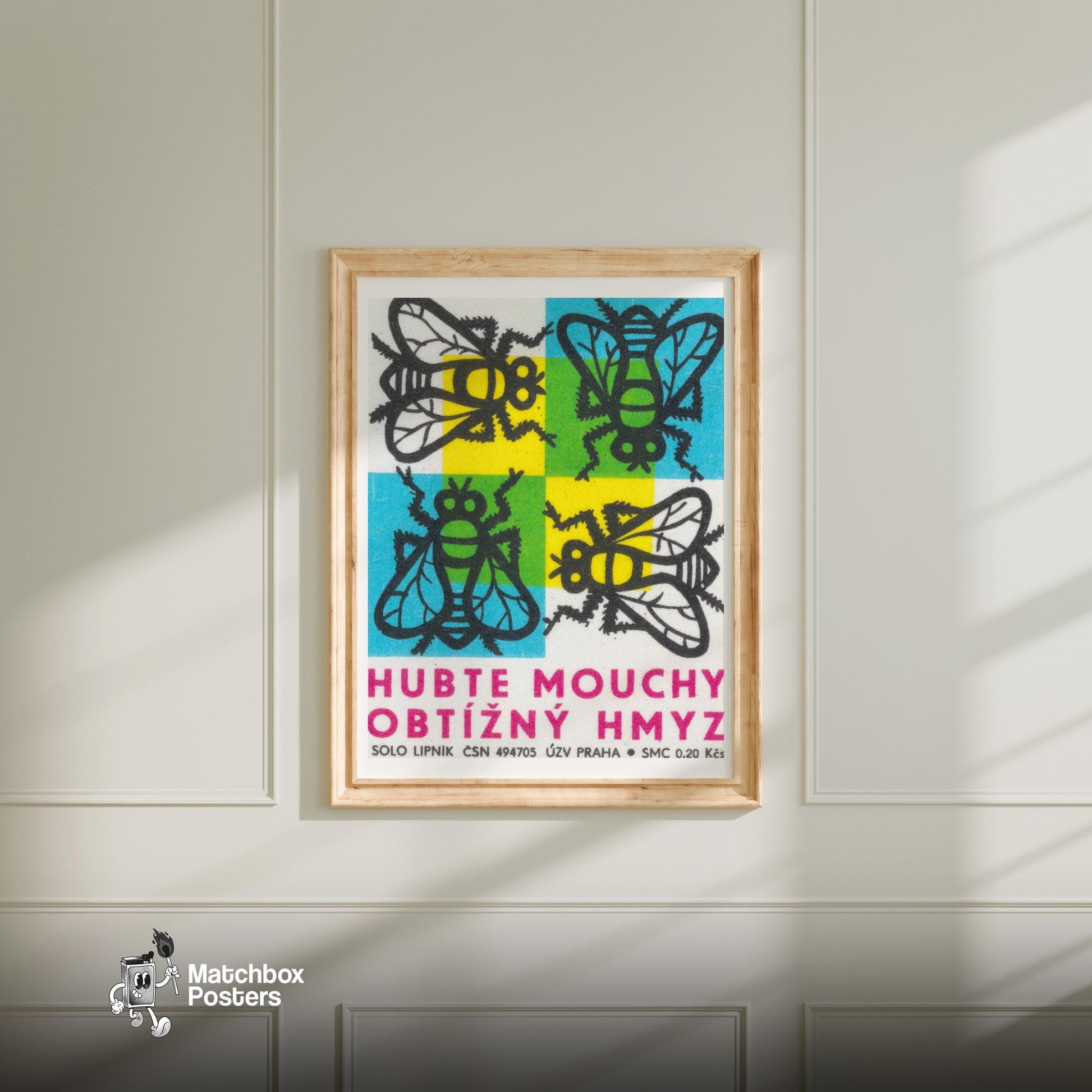 Four Flies - vintage matchbox label print - bedroom mockup