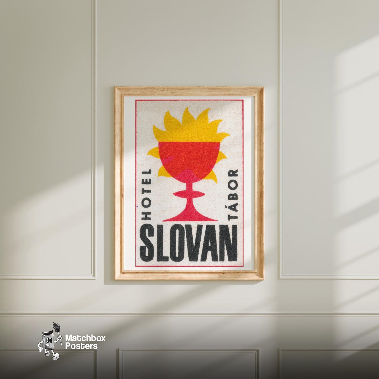 Red Sun Goblet Hotel - vintage matchbox label print - bedroom mockup