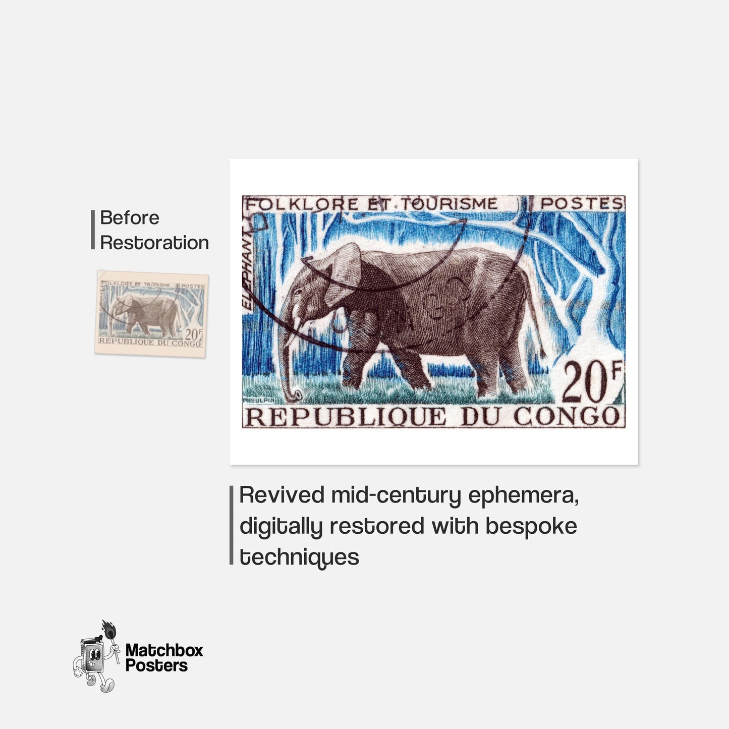 Bull Elephant - vintage matchbox label print - framed wall art preview