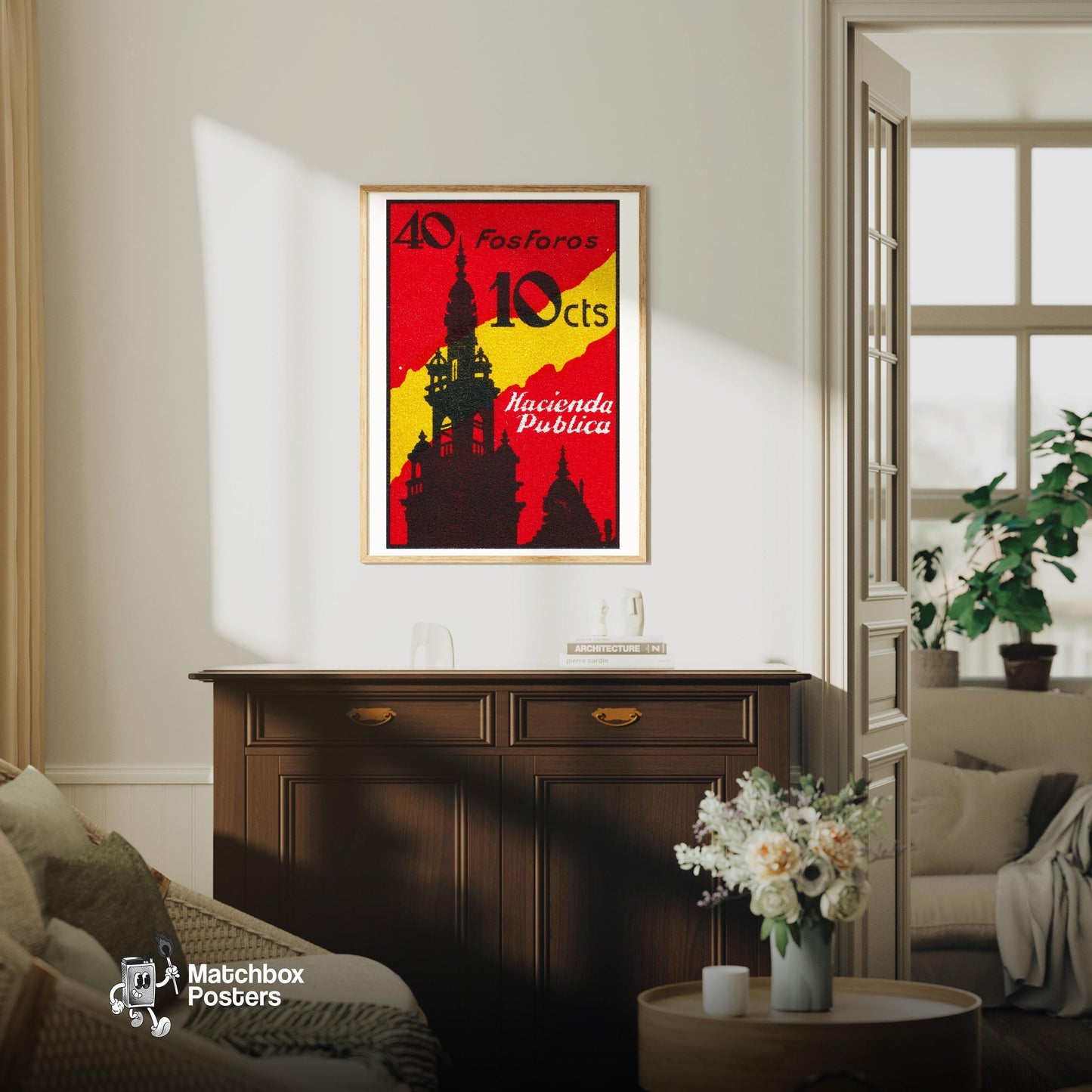 Bell Tower - vintage matchbox label print - living room mockup