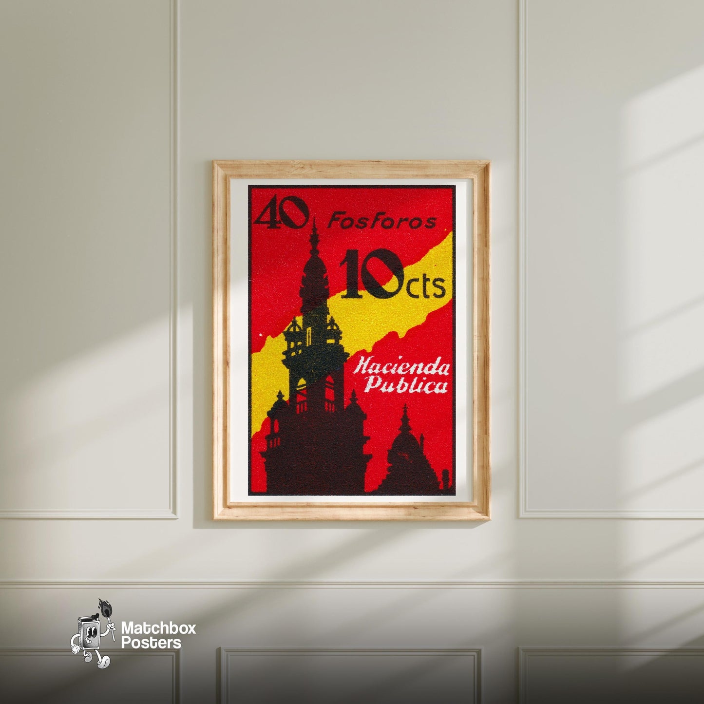 Bell Tower - vintage matchbox label print - bedroom mockup