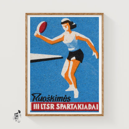 Female Athlete Playing Table Tennis - vintage matchbox label print