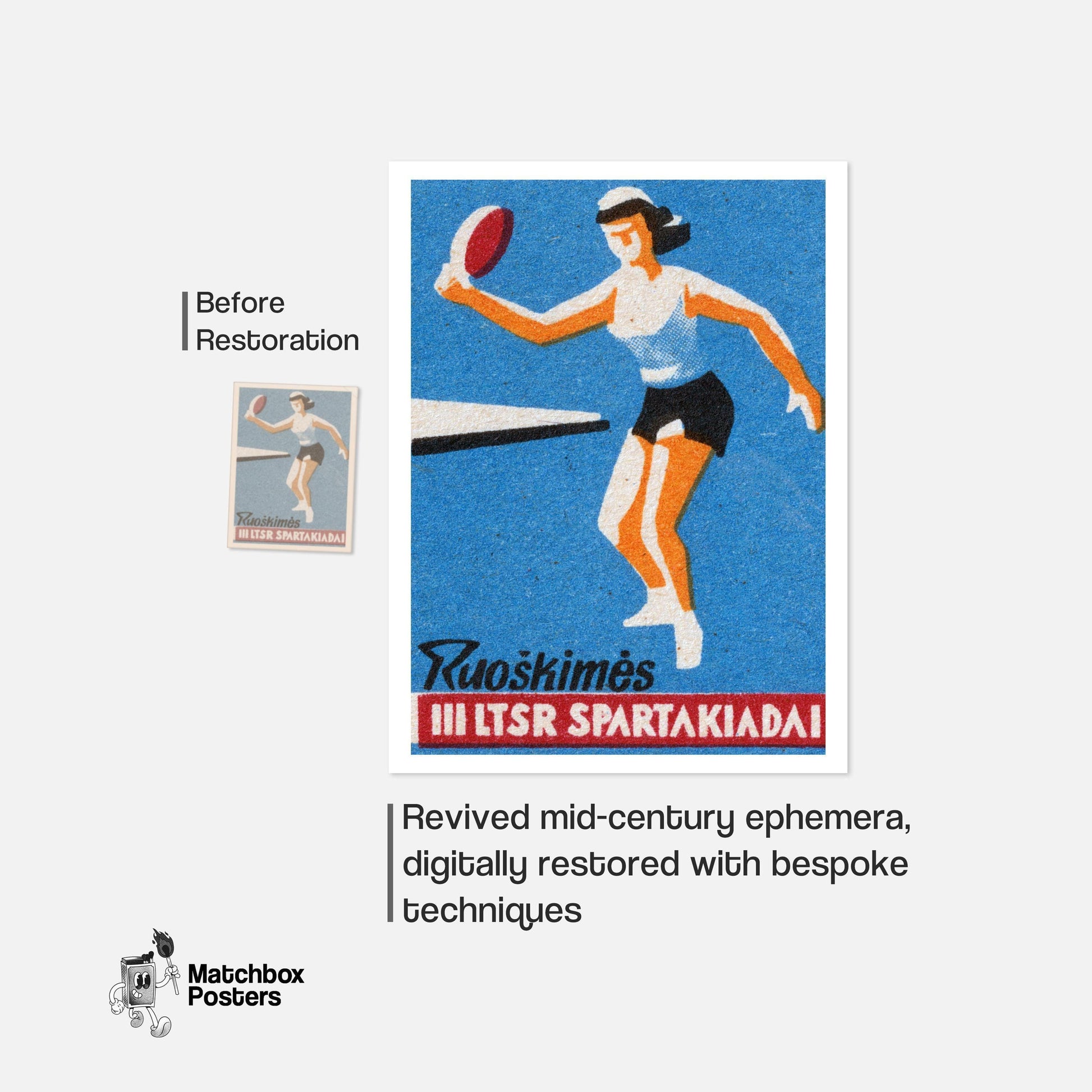 Female Athlete Playing Table Tennis - vintage matchbox label print - framed wall art preview