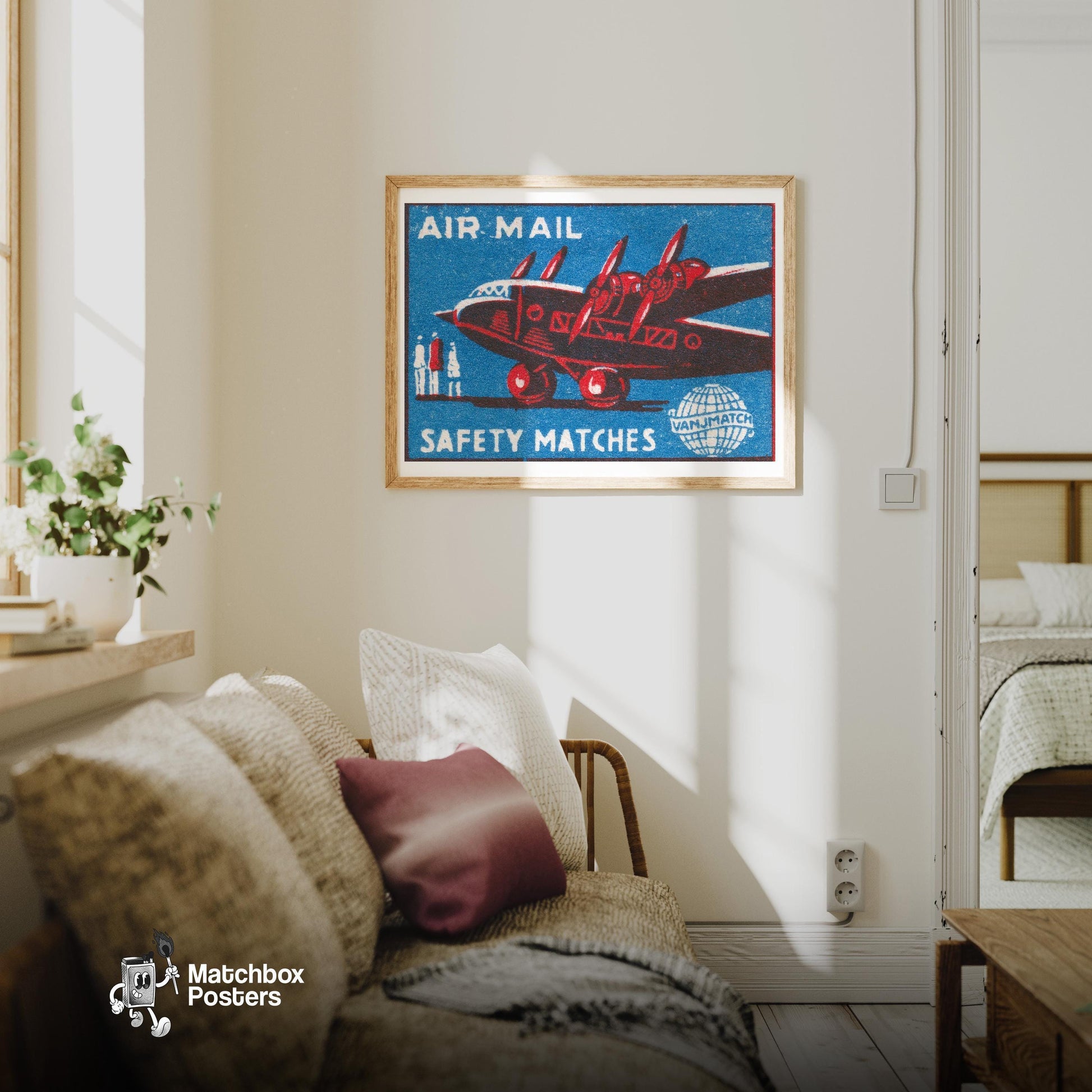 Red Airplane - vintage matchbox label print - living room mockup