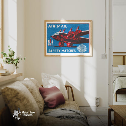 Red Airplane - vintage matchbox label print - living room mockup
