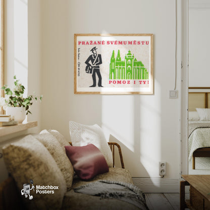 Prague Postman - vintage matchbox label print - living room mockup
