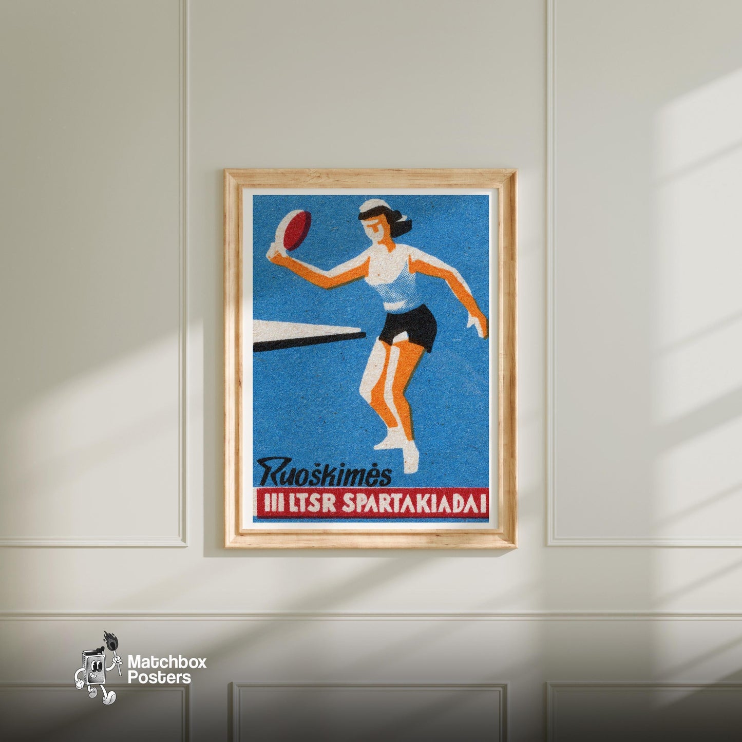 Female Athlete Playing Table Tennis - vintage matchbox label print - bedroom mockup